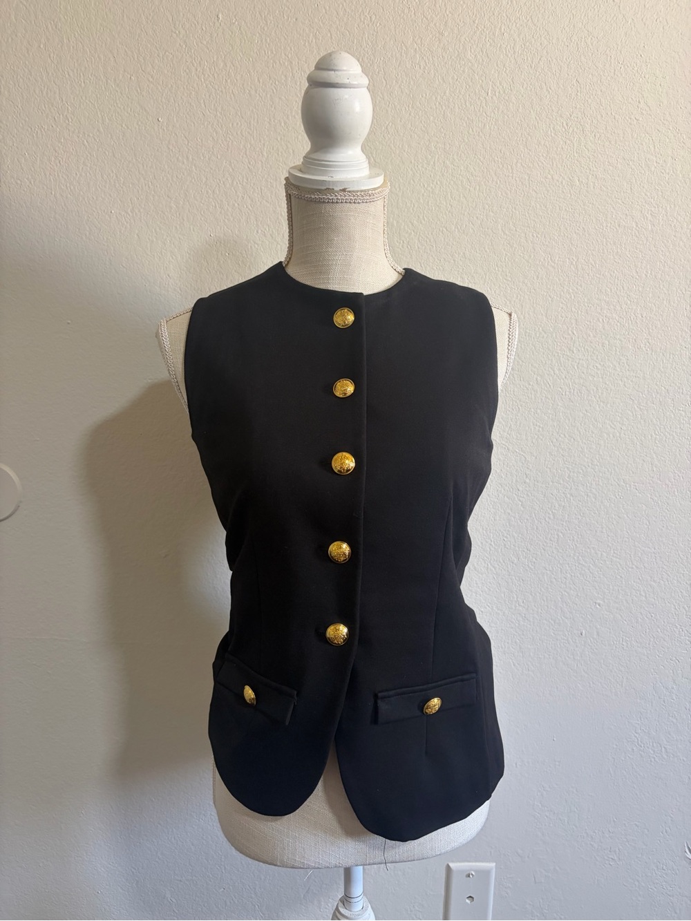 Black Sleeveless Structured Vest with Gold Buttons